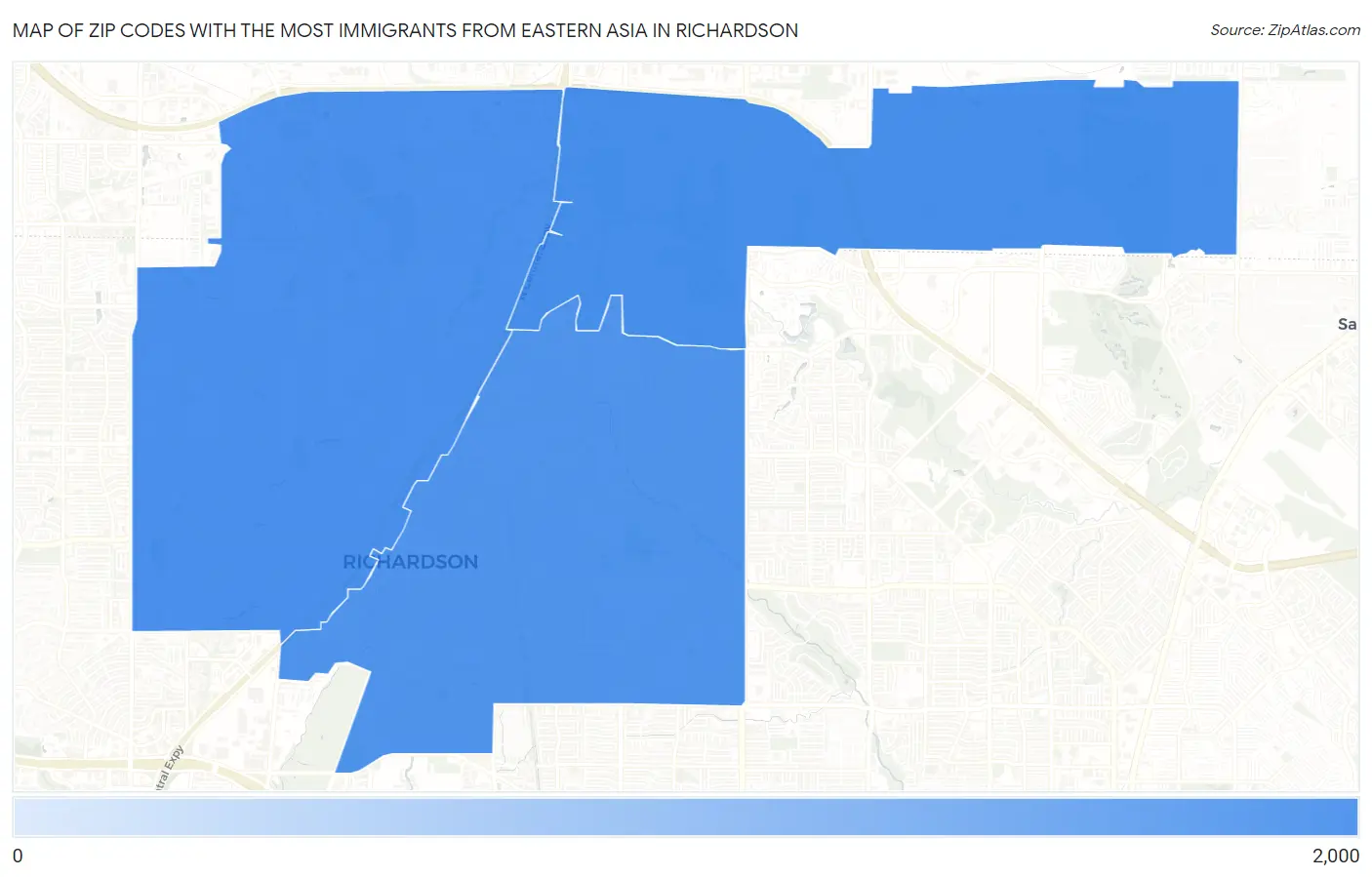 Zip Codes with the Most Immigrants from Eastern Asia in Richardson Map