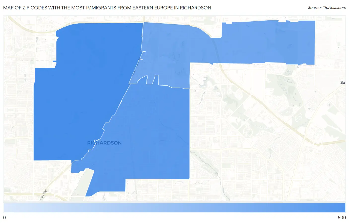 Zip Codes with the Most Immigrants from Eastern Europe in Richardson Map