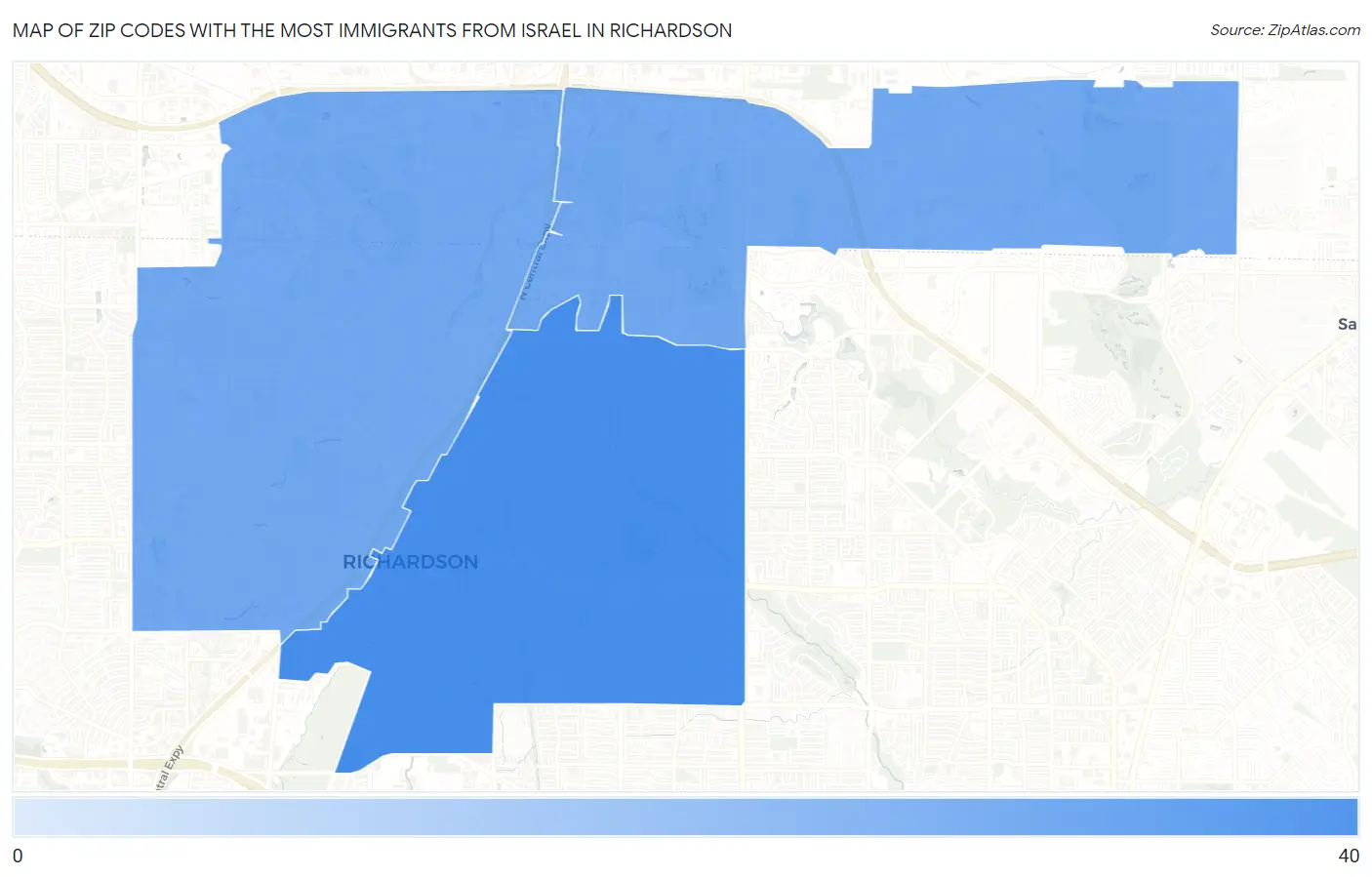 Zip Codes with the Most Immigrants from Israel in Richardson Map