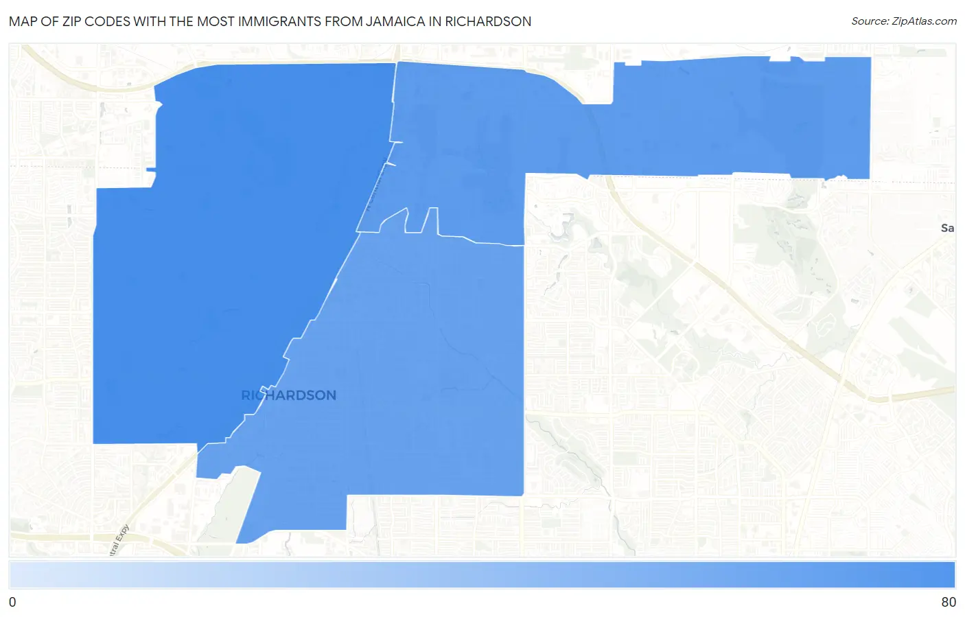 Zip Codes with the Most Immigrants from Jamaica in Richardson Map