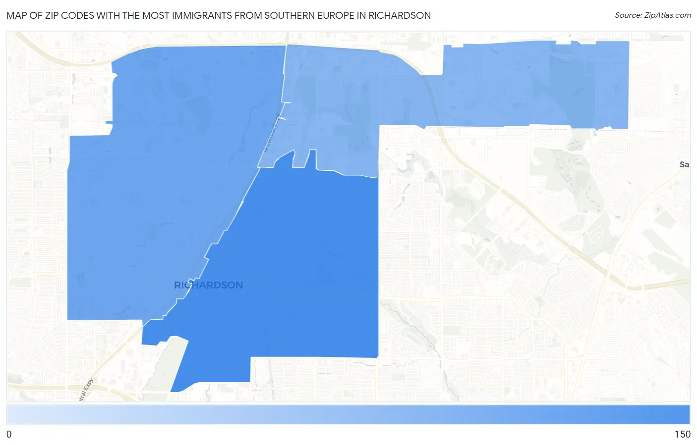 Zip Codes with the Most Immigrants from Southern Europe in Richardson Map