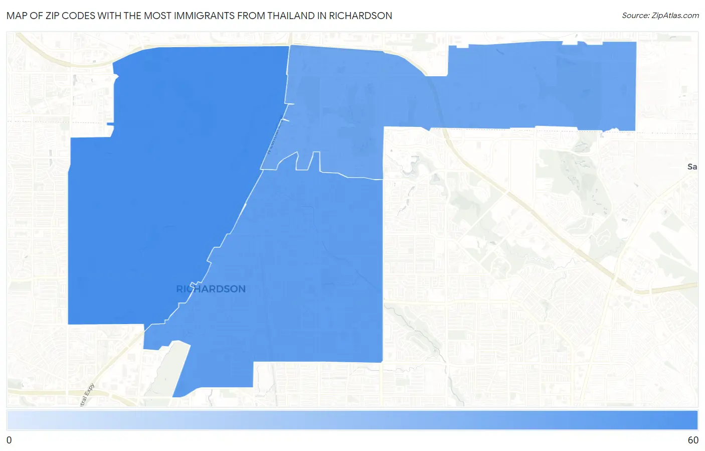 Zip Codes with the Most Immigrants from Thailand in Richardson Map