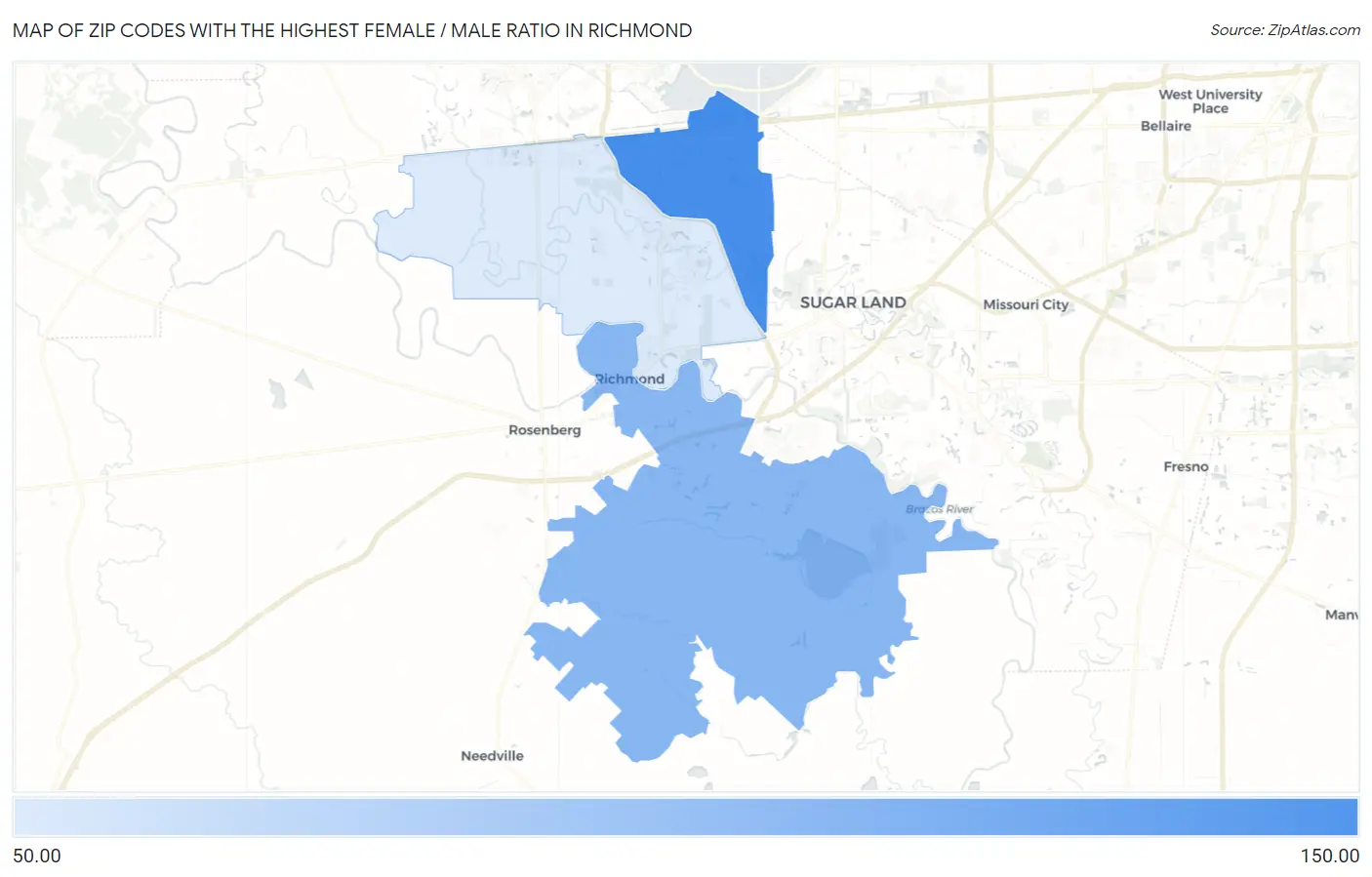 Zip Codes with the Highest Female / Male Ratio in Richmond Map