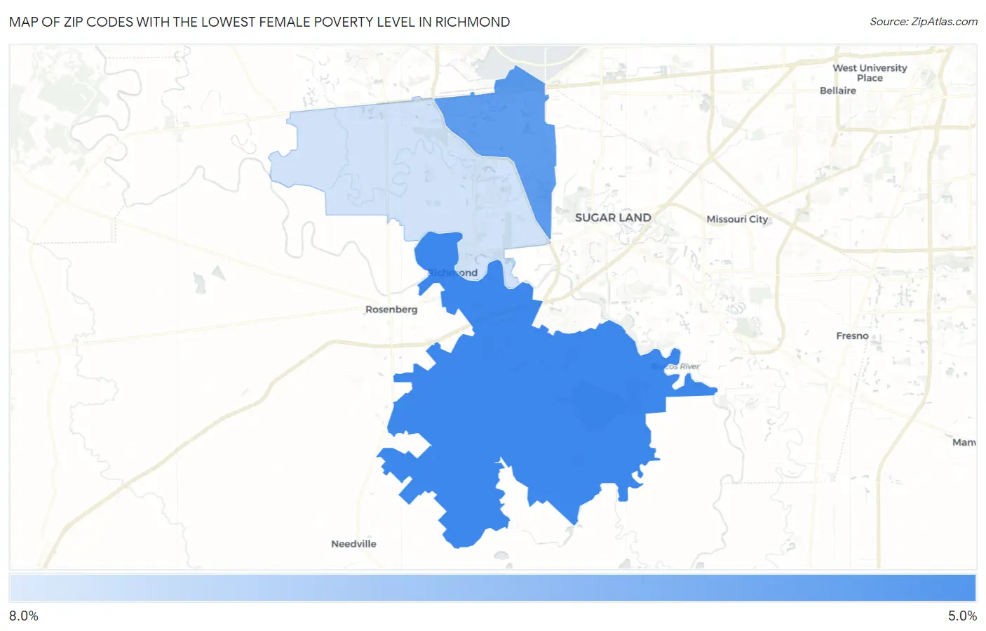 Zip Codes with the Lowest Female Poverty Level in Richmond Map
