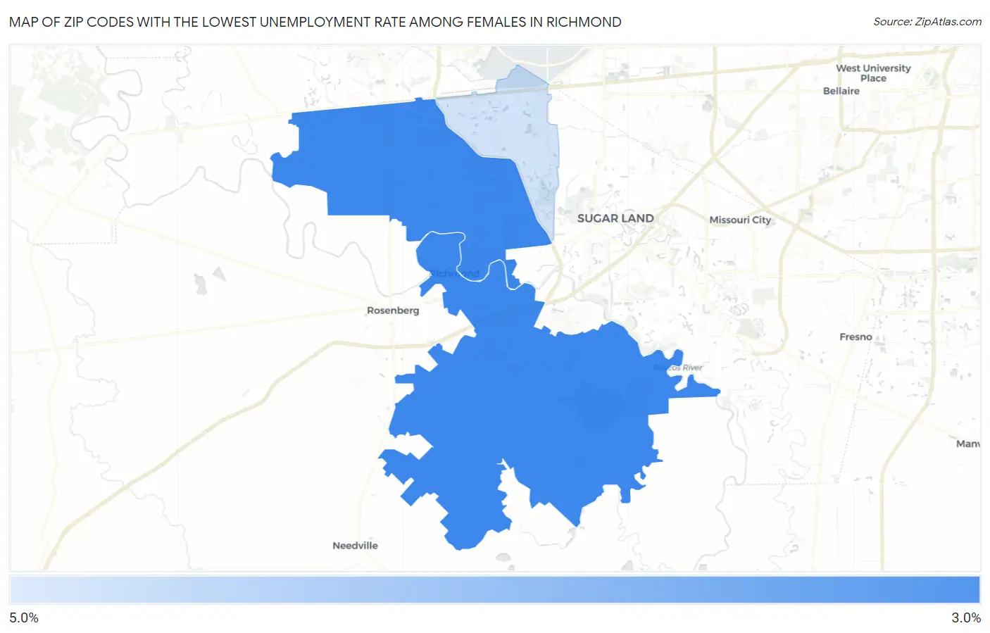 Zip Codes with the Lowest Unemployment Rate Among Females in Richmond Map