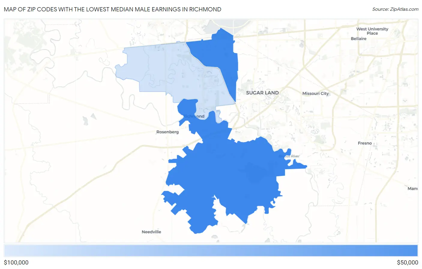 Zip Codes with the Lowest Median Male Earnings in Richmond Map