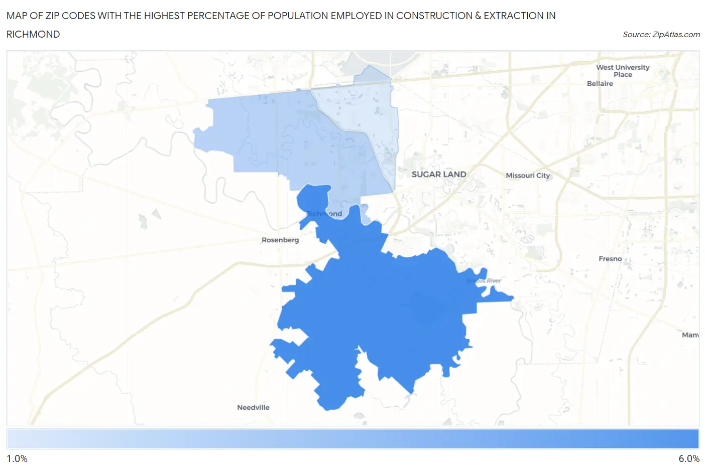 Zip Codes with the Highest Percentage of Population Employed in Construction & Extraction in Richmond Map