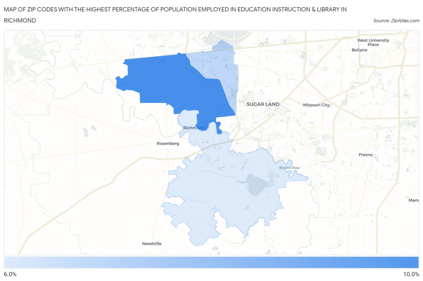 Zip Codes with the Highest Percentage of Population Employed in Education Instruction & Library in Richmond Map