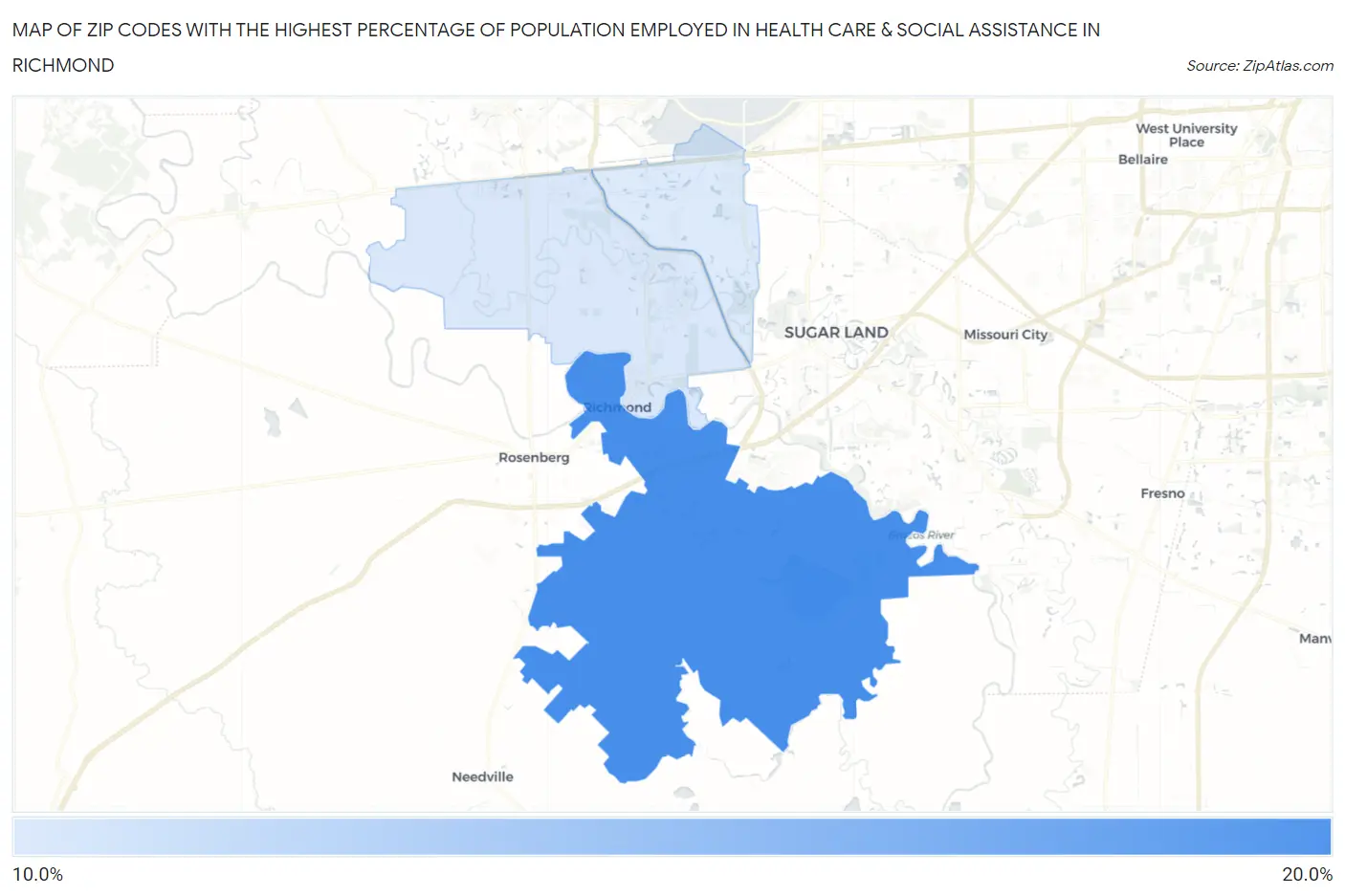 Zip Codes with the Highest Percentage of Population Employed in Health Care & Social Assistance in Richmond Map