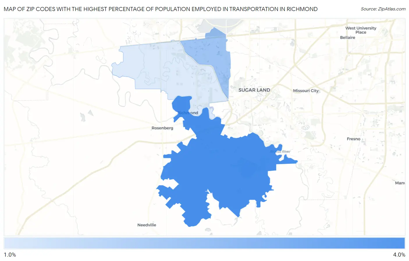 Zip Codes with the Highest Percentage of Population Employed in Transportation in Richmond Map