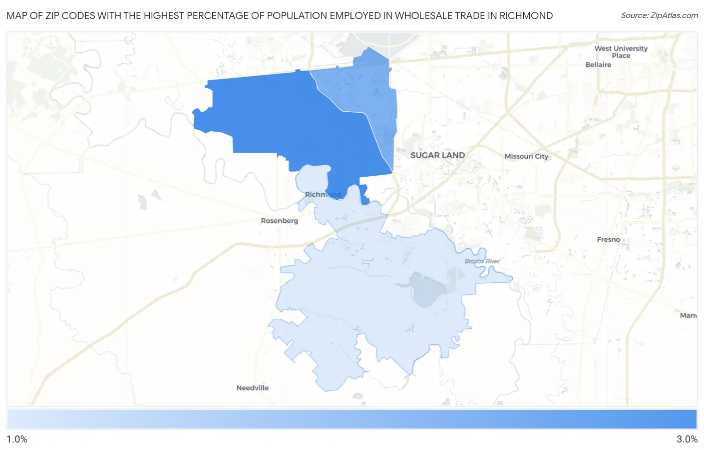 Zip Codes with the Highest Percentage of Population Employed in Wholesale Trade in Richmond Map