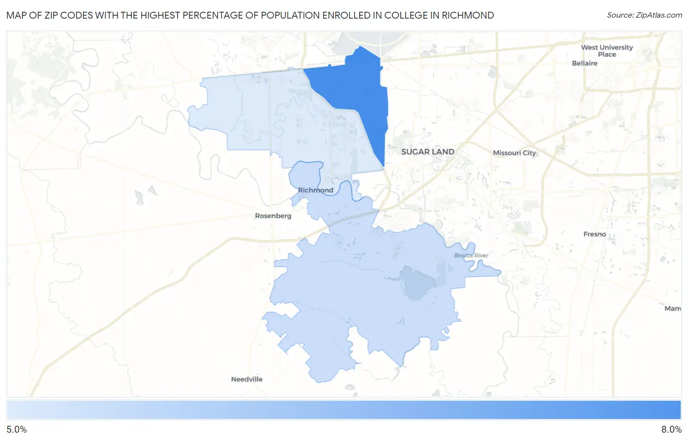 Zip Codes with the Highest Percentage of Population Enrolled in College in Richmond Map
