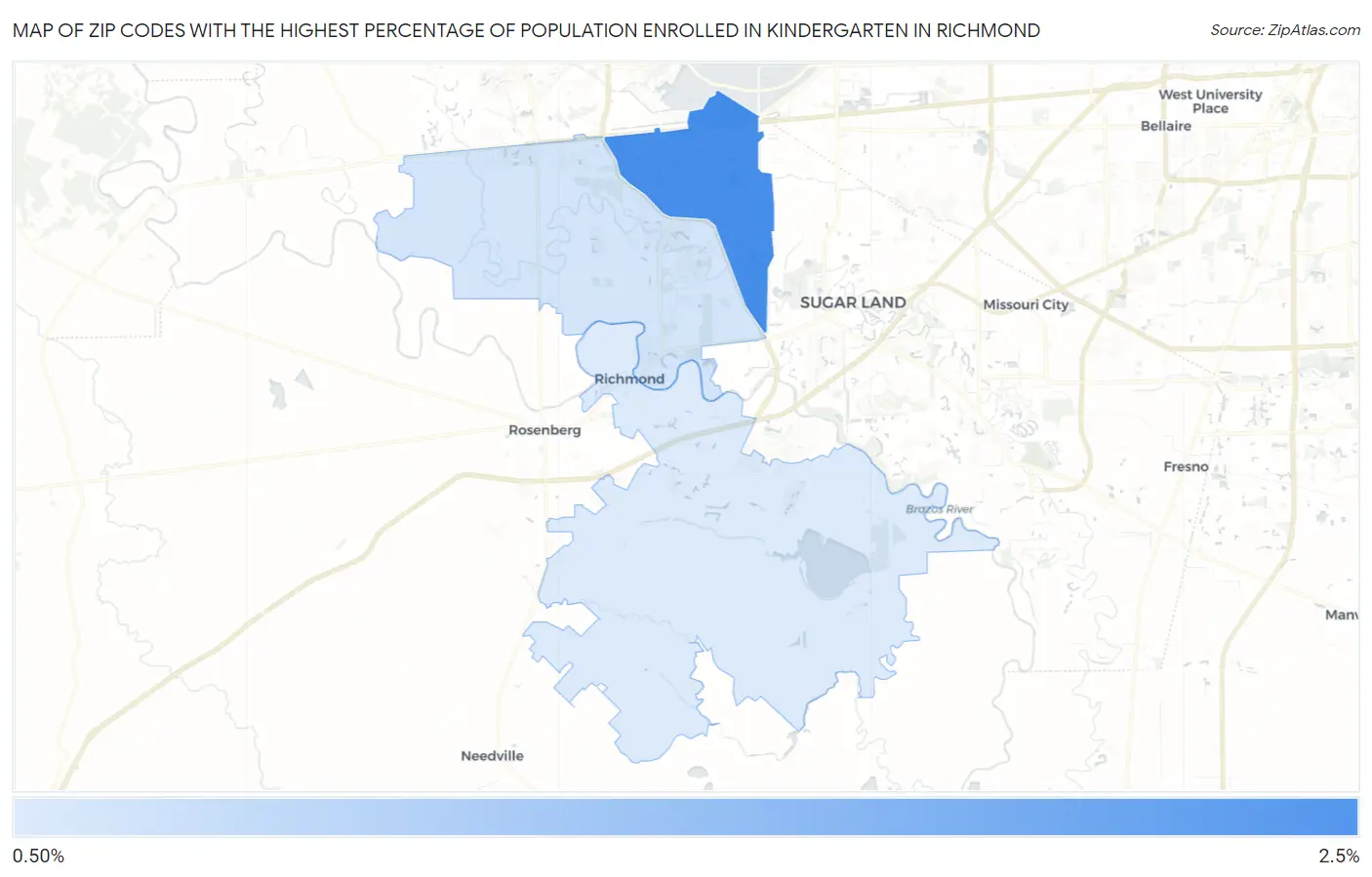 Zip Codes with the Highest Percentage of Population Enrolled in Kindergarten in Richmond Map
