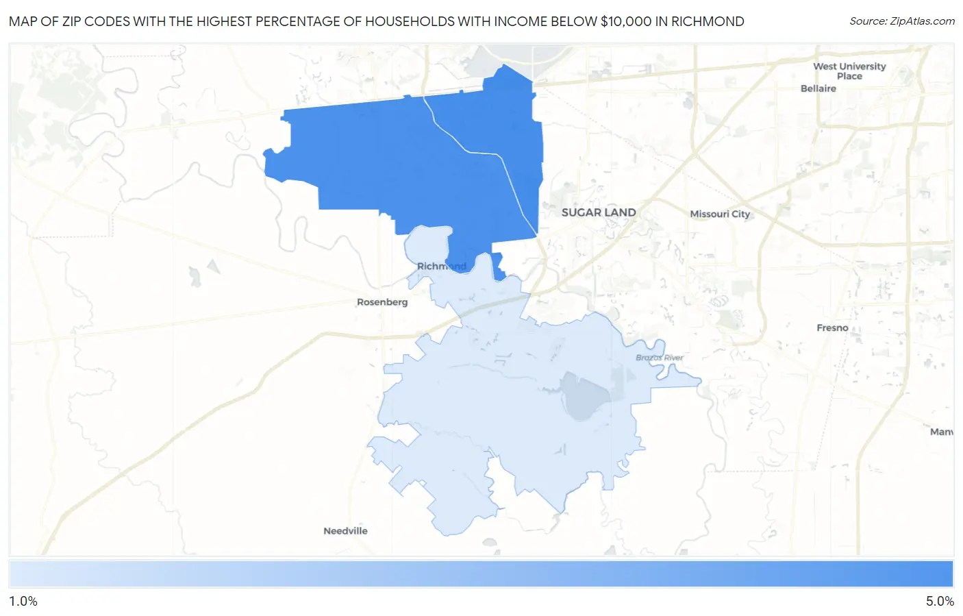 Zip Codes with the Highest Percentage of Households with Income Below $10,000 in Richmond Map