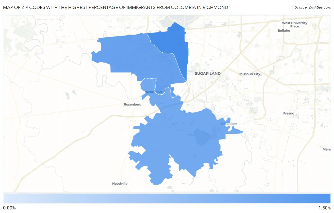 Zip Codes with the Highest Percentage of Immigrants from Colombia in Richmond Map