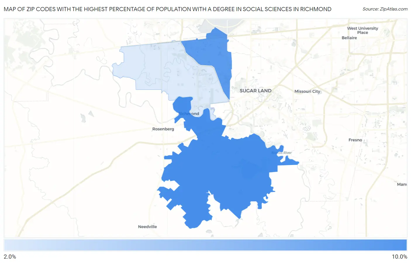 Zip Codes with the Highest Percentage of Population with a Degree in Social Sciences in Richmond Map