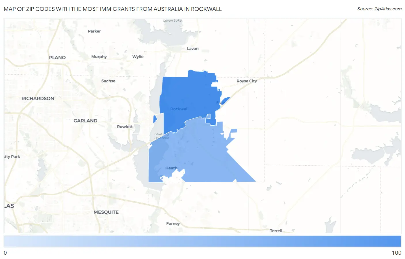 Zip Codes with the Most Immigrants from Australia in Rockwall Map