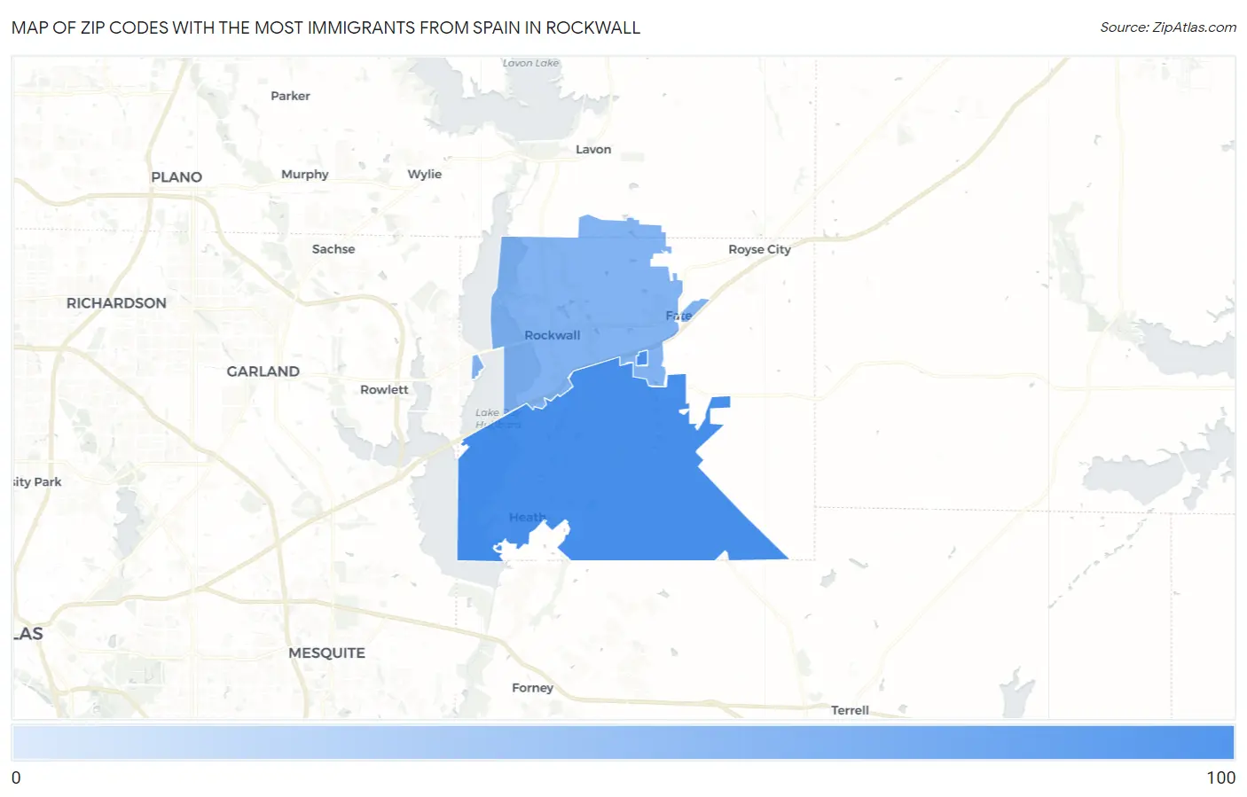 Zip Codes with the Most Immigrants from Spain in Rockwall Map