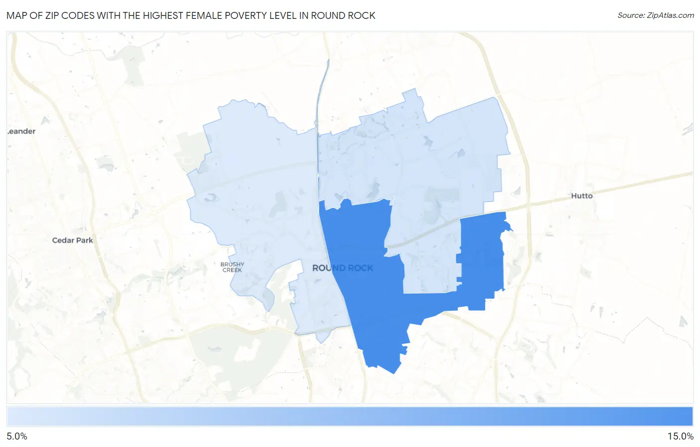 Zip Codes with the Highest Female Poverty Level in Round Rock Map