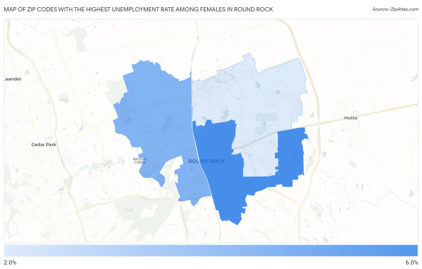 Zip Codes with the Highest Unemployment Rate Among Females in Round Rock Map