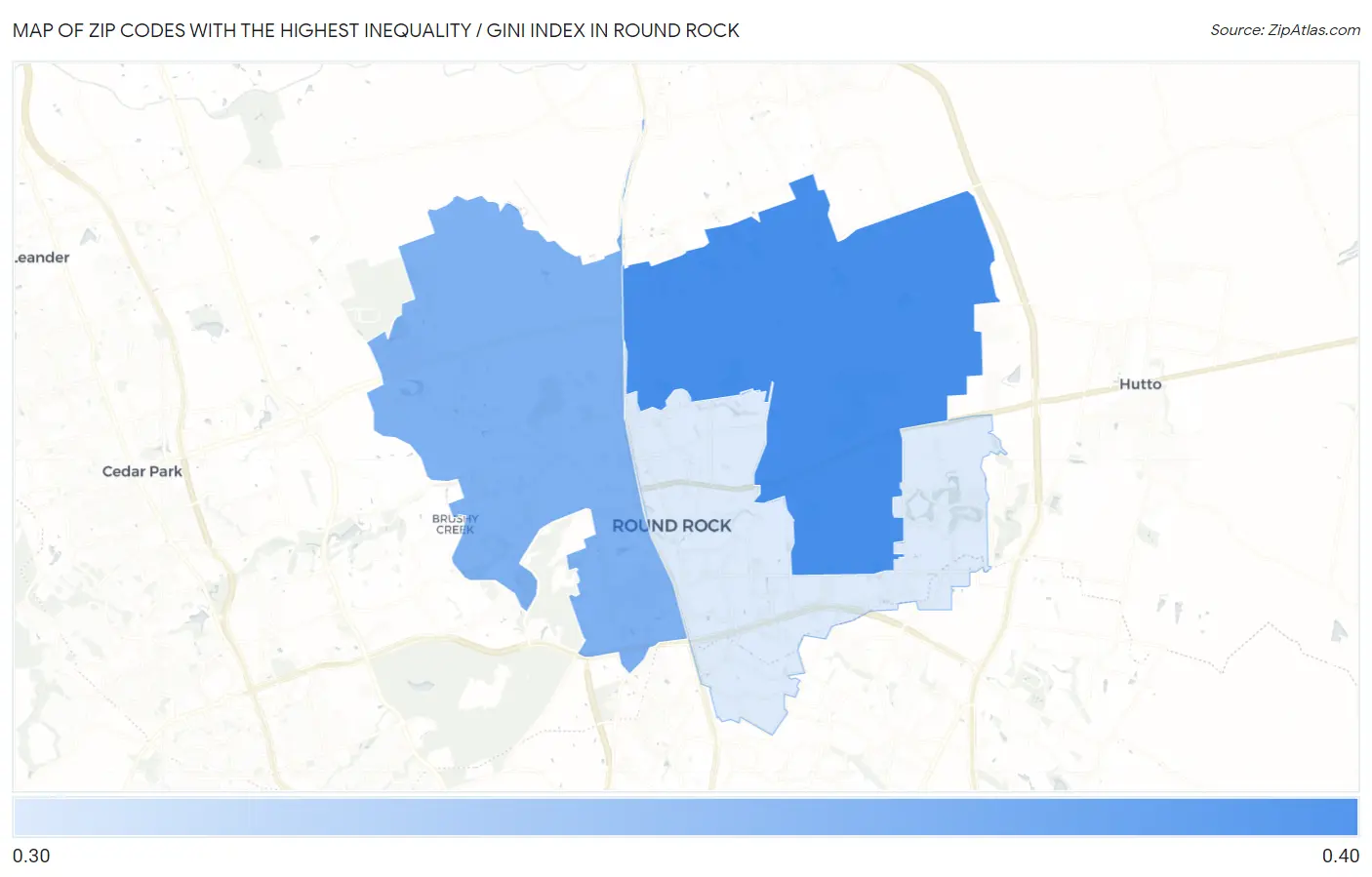 Zip Codes with the Highest Inequality / Gini Index in Round Rock Map
