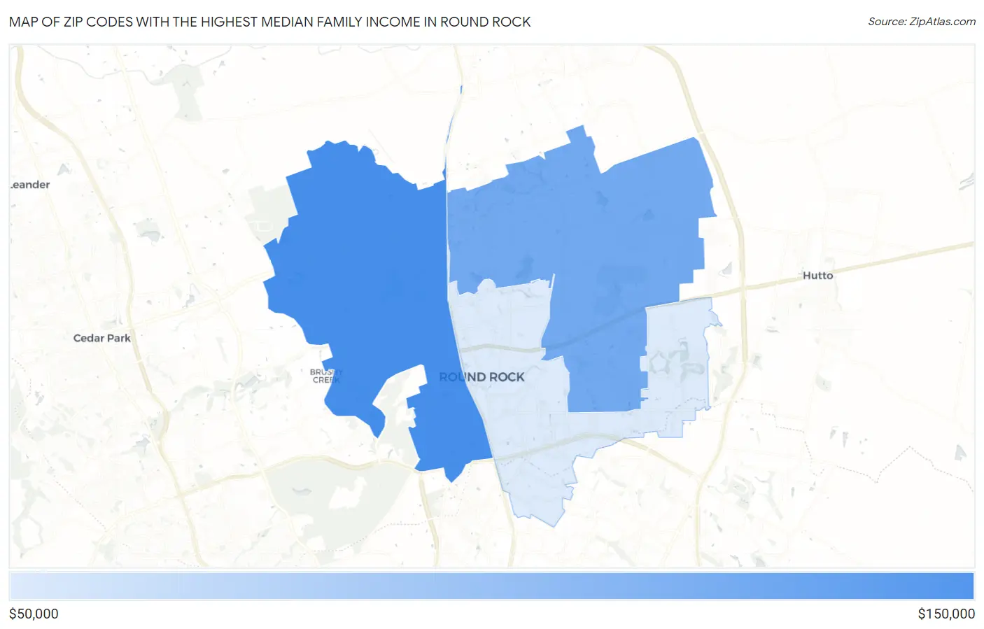 Zip Codes with the Highest Median Family Income in Round Rock Map