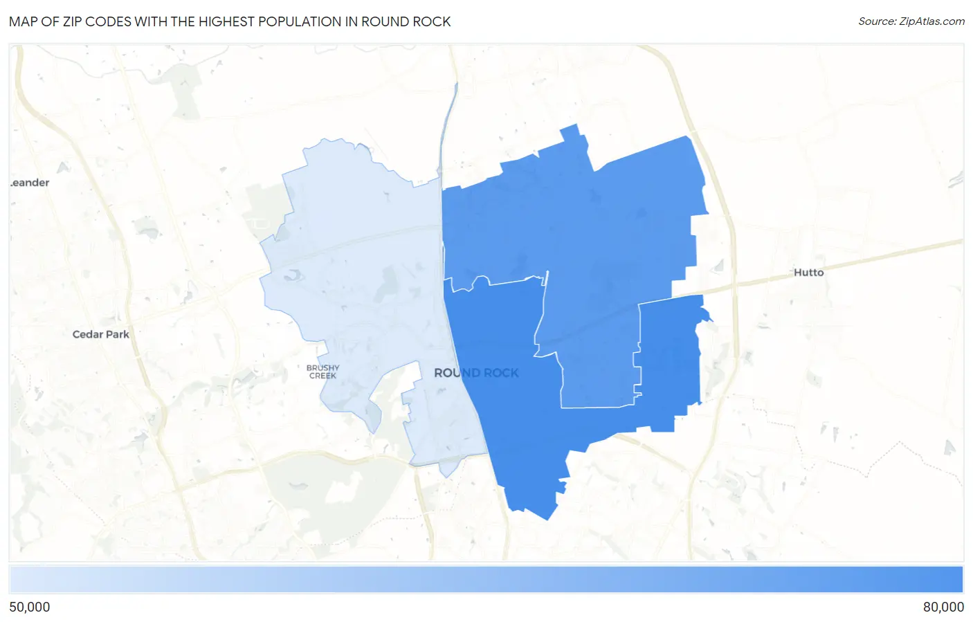 Zip Codes with the Highest Population in Round Rock Map