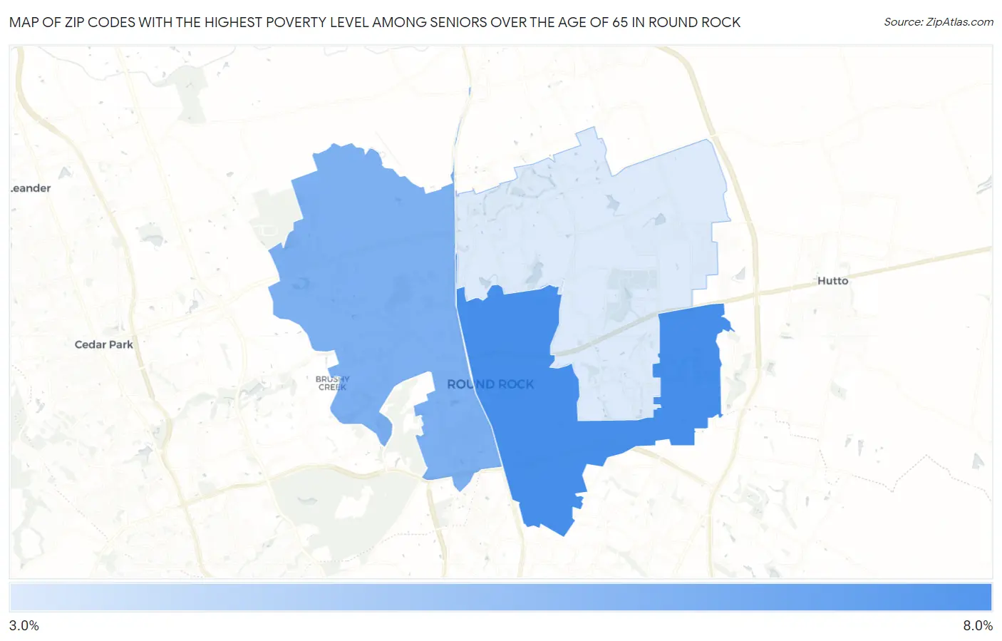 Zip Codes with the Highest Poverty Level Among Seniors Over the Age of 65 in Round Rock Map