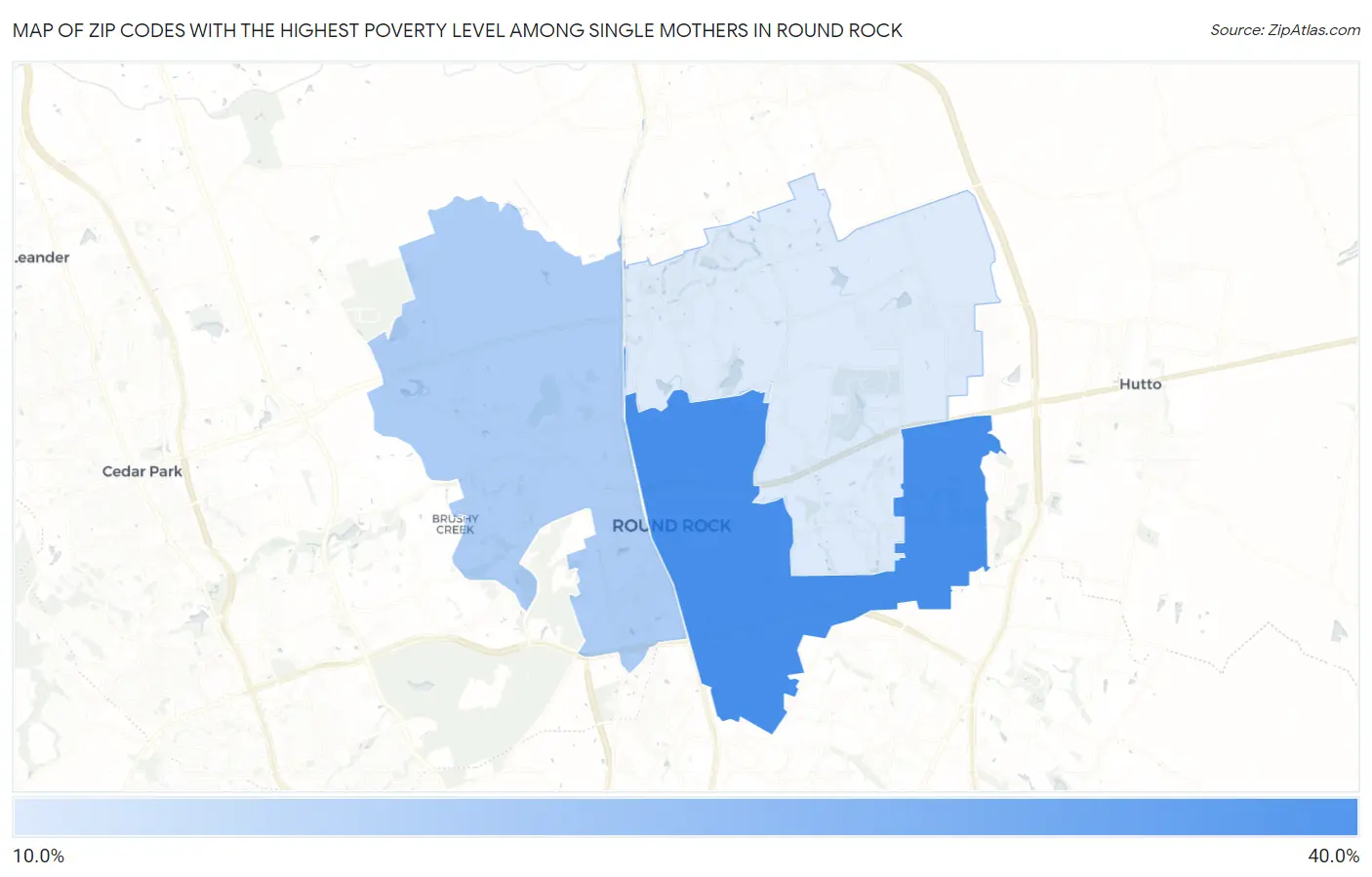 Zip Codes with the Highest Poverty Level Among Single Mothers in Round Rock Map