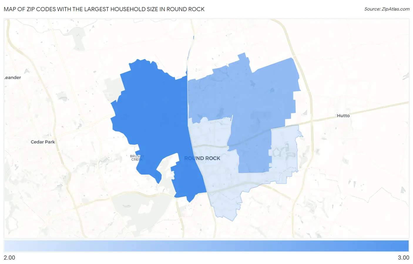 Zip Codes with the Largest Household Size in Round Rock Map