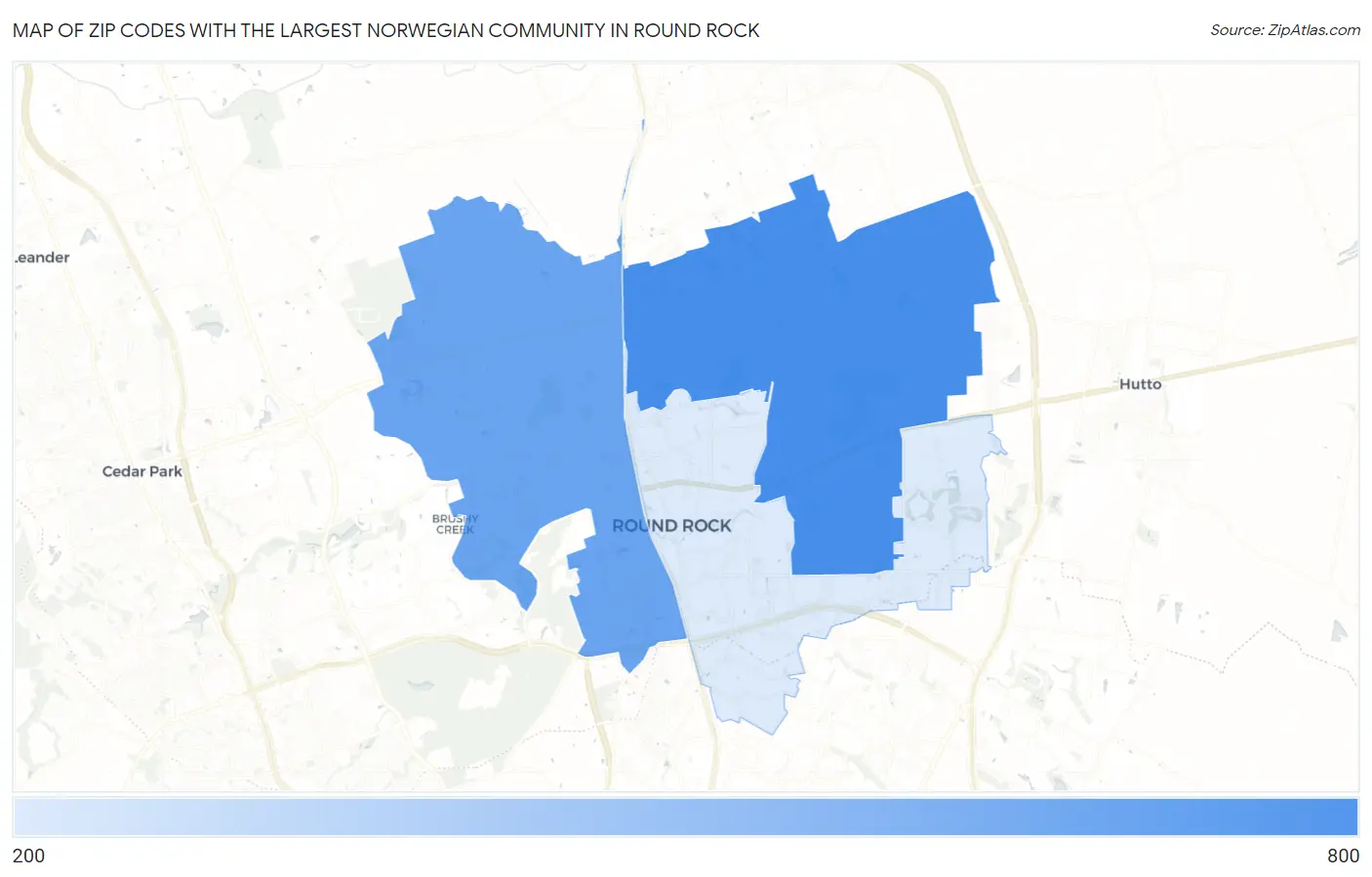 Zip Codes with the Largest Norwegian Community in Round Rock Map