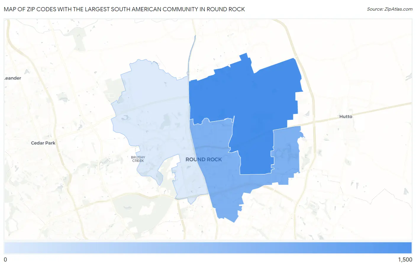 Zip Codes with the Largest South American Community in Round Rock Map