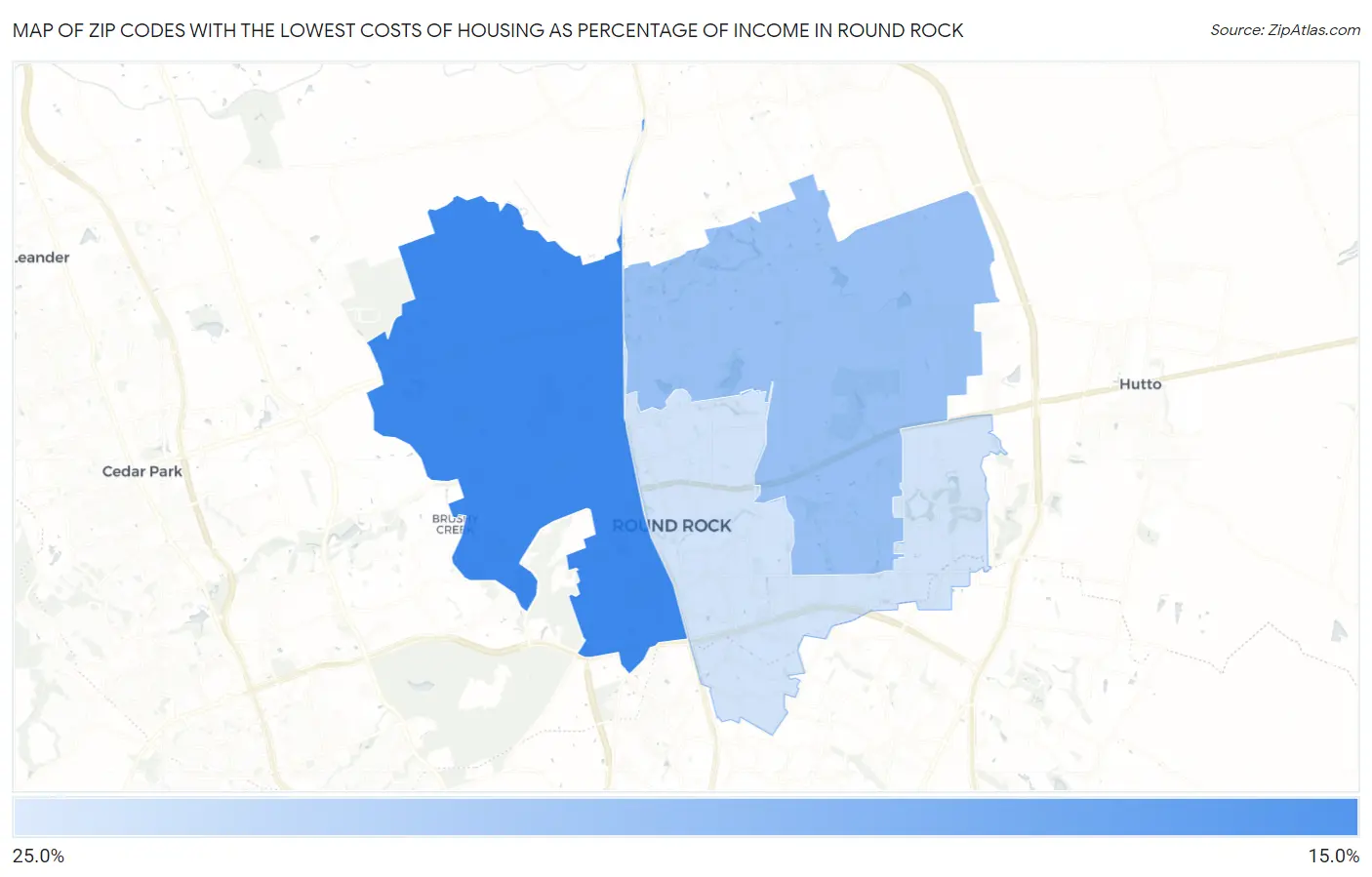 Zip Codes with the Lowest Costs of Housing as Percentage of Income in Round Rock Map