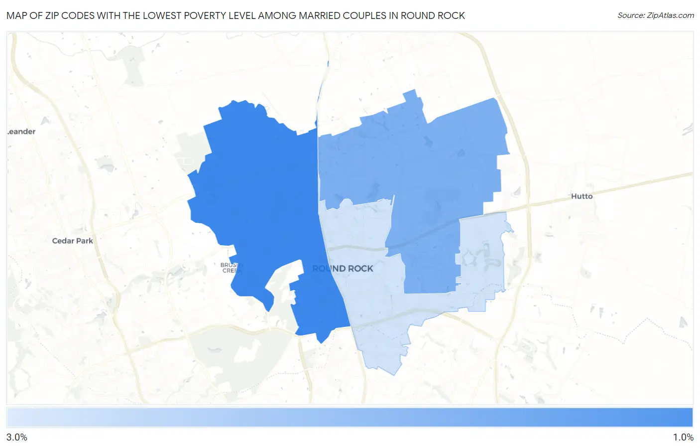 Zip Codes with the Lowest Poverty Level Among Married Couples in Round Rock Map