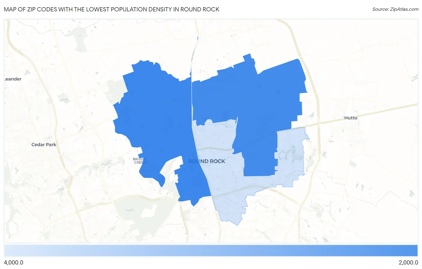 Zip Codes with the Lowest Population Density in Round Rock Map