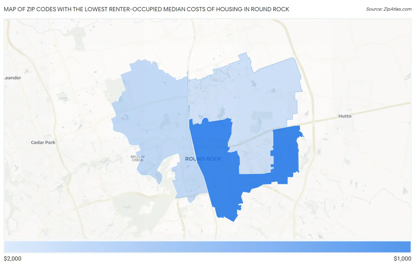 Zip Codes with the Lowest Renter-Occupied Median Costs of Housing in Round Rock Map