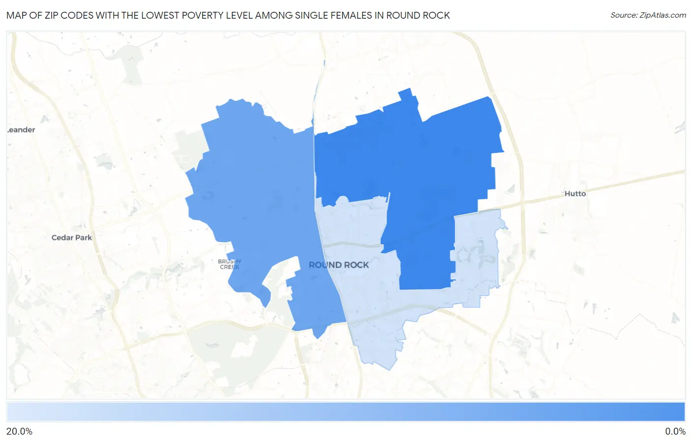 Zip Codes with the Lowest Poverty Level Among Single Females in Round Rock Map