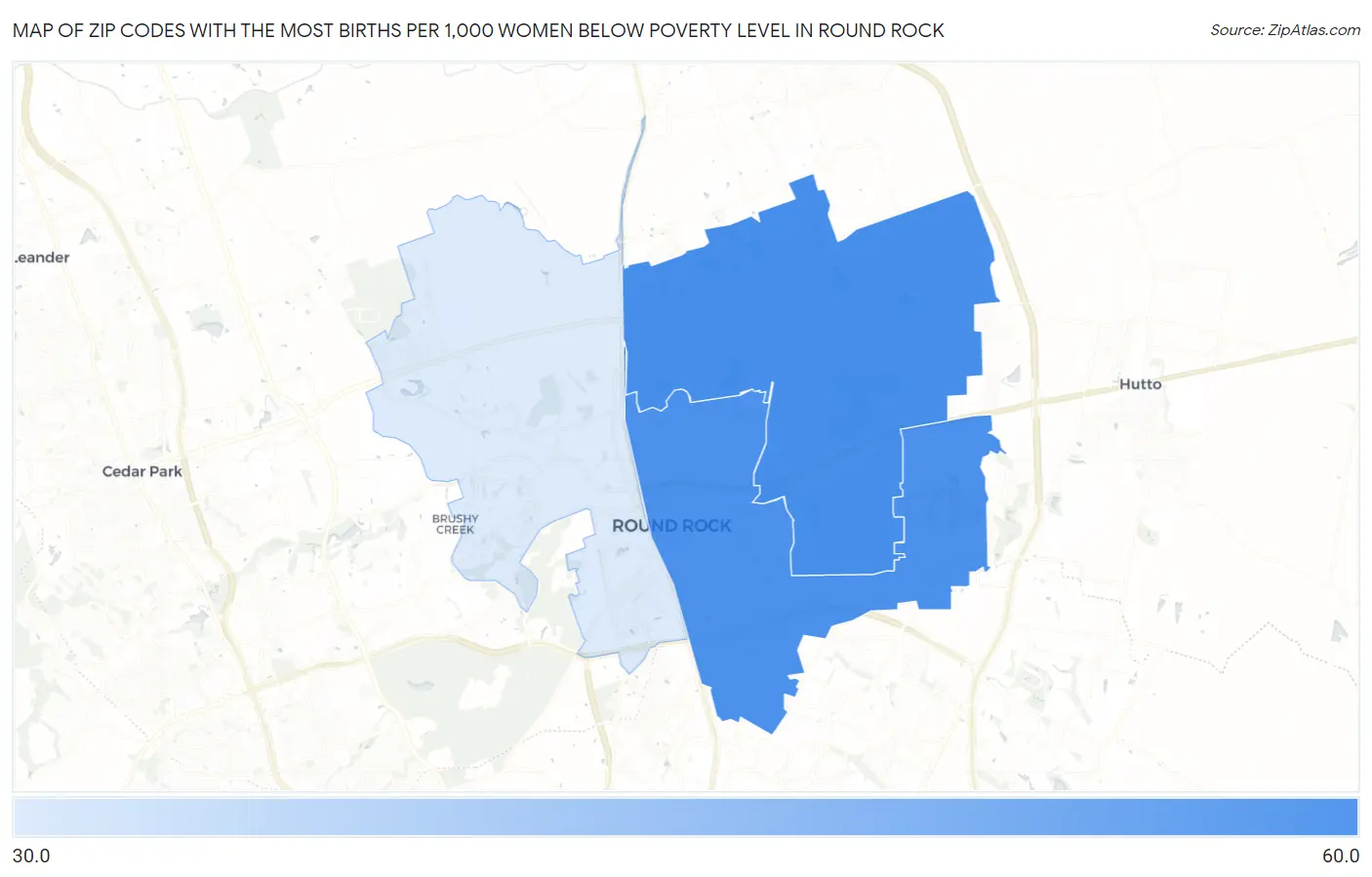 Zip Codes with the Most Births per 1,000 Women Below Poverty Level in Round Rock Map