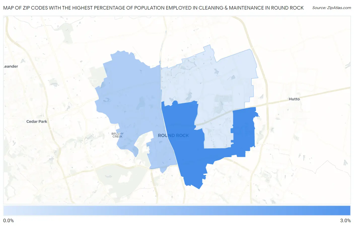 Zip Codes with the Highest Percentage of Population Employed in Cleaning & Maintenance in Round Rock Map