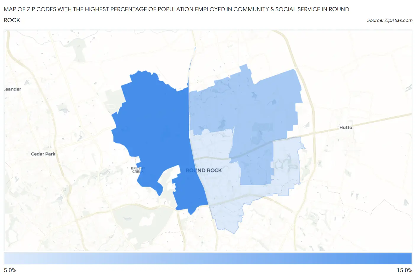 Zip Codes with the Highest Percentage of Population Employed in Community & Social Service  in Round Rock Map