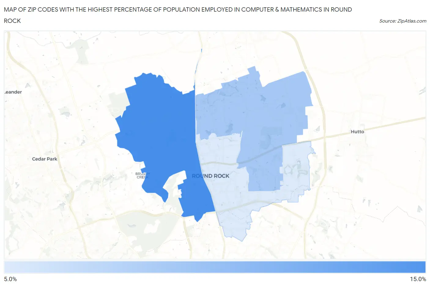 Zip Codes with the Highest Percentage of Population Employed in Computer & Mathematics in Round Rock Map