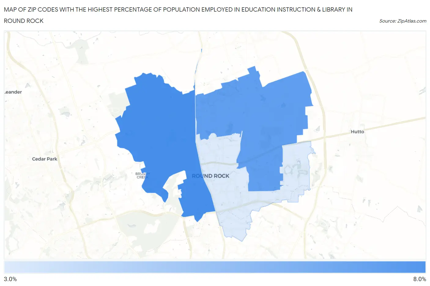 Zip Codes with the Highest Percentage of Population Employed in Education Instruction & Library in Round Rock Map