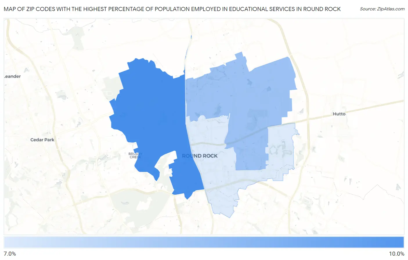 Zip Codes with the Highest Percentage of Population Employed in Educational Services in Round Rock Map