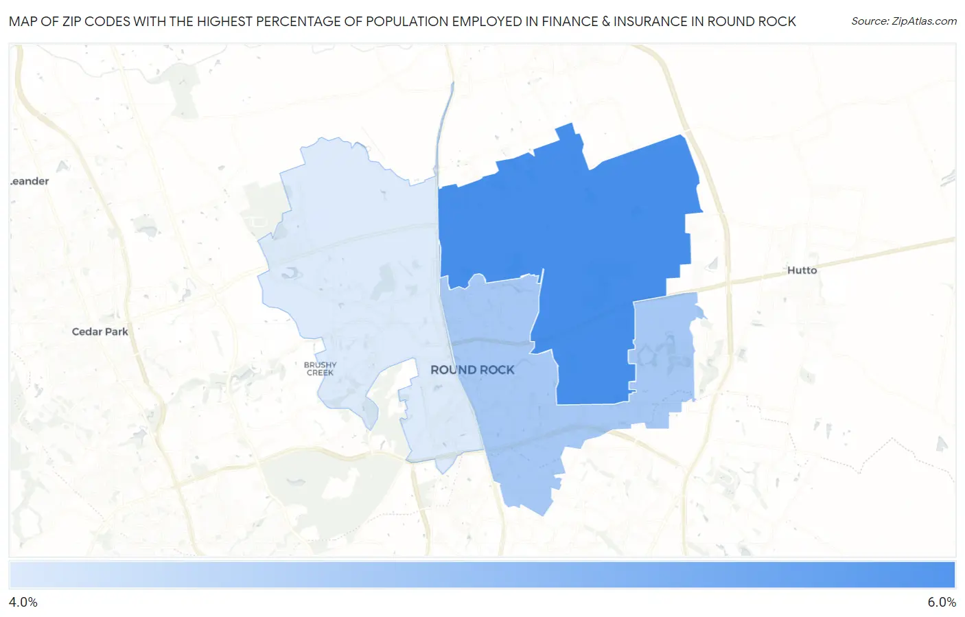 Zip Codes with the Highest Percentage of Population Employed in Finance & Insurance in Round Rock Map