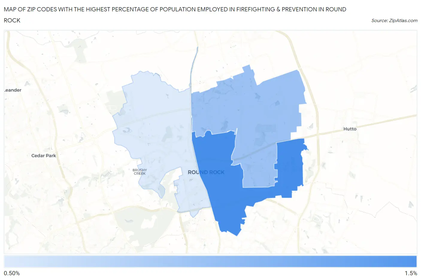 Zip Codes with the Highest Percentage of Population Employed in Firefighting & Prevention in Round Rock Map