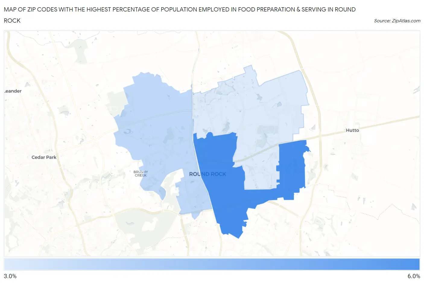 Zip Codes with the Highest Percentage of Population Employed in Food Preparation & Serving in Round Rock Map