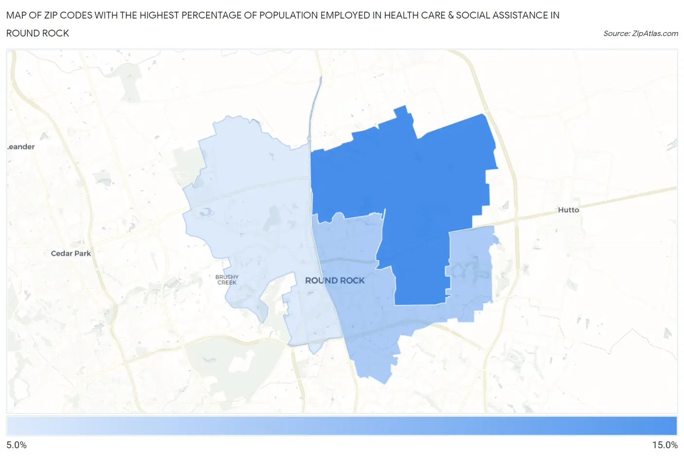 Zip Codes with the Highest Percentage of Population Employed in Health Care & Social Assistance in Round Rock Map