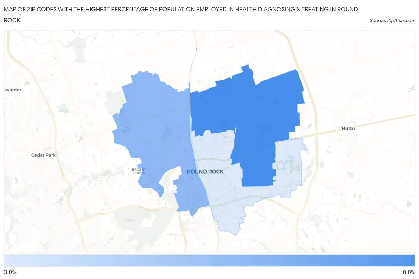 Zip Codes with the Highest Percentage of Population Employed in Health Diagnosing & Treating in Round Rock Map
