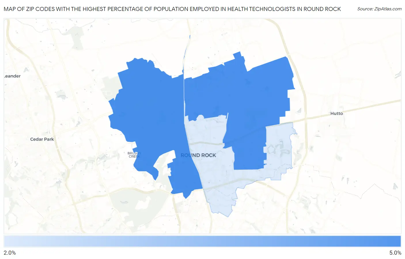 Zip Codes with the Highest Percentage of Population Employed in Health Technologists in Round Rock Map