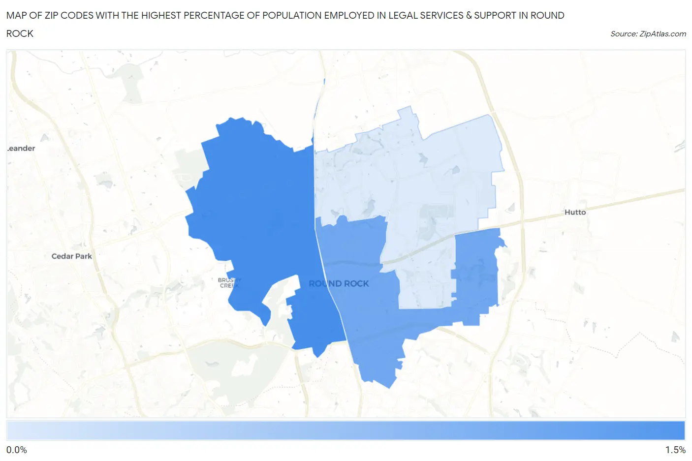 Zip Codes with the Highest Percentage of Population Employed in Legal Services & Support in Round Rock Map